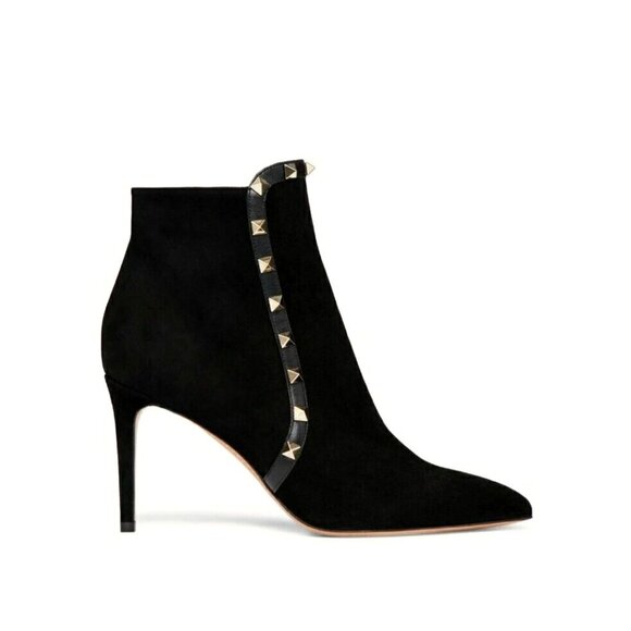 Valentino Garavani Rockstud 85 Suede Bootie Heel Black Pointed Toe Womens US 7.5